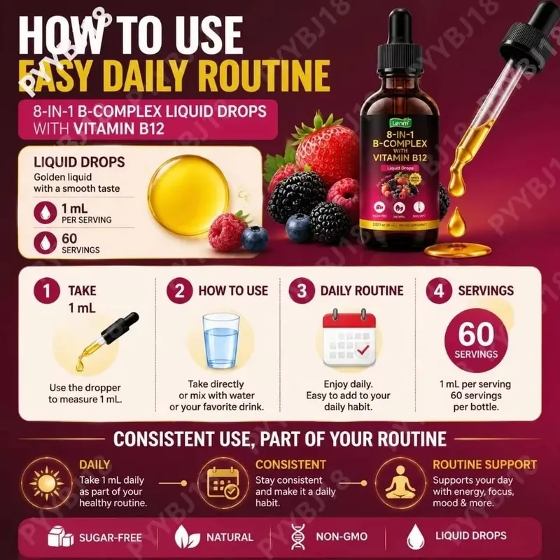 Vitamin B Kompleks 8-dalam-1 Mengurangkan Penyerapan Maksimum dengan Vitamin B12 Folat Menyokong Metabolisme Fokus Tenaga & Kesihatan Saraf 60ML — image 5