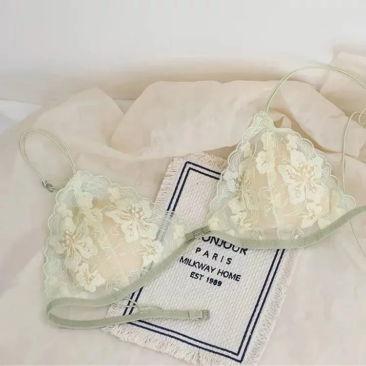 Bralette triangular francês, renda bordada, sem fio, transparente, vazado, sexy, desejo puro, conjunto de lingerie moyisu, sexy tushy — image 10