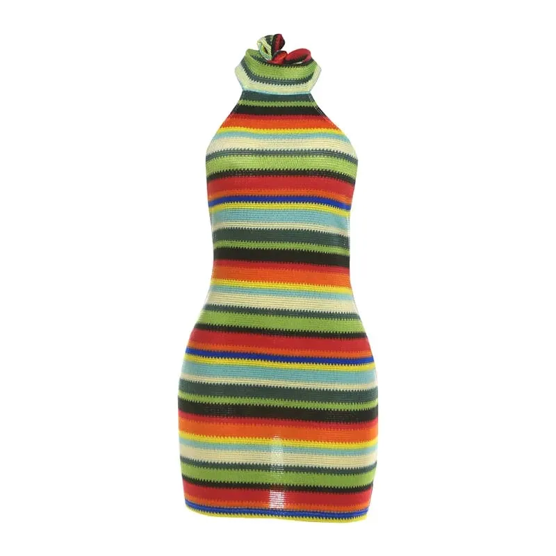 Mini abito con scollo all'americana in maglia a righe crittografiche Abiti corti aderenti aderenti clubwear casual estivi senza maniche senza maniche a contrasto colorato — image 9