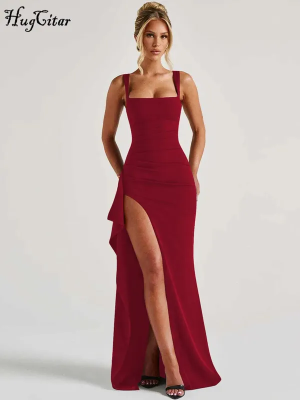 Hugcitar Gaun Maxi Bodycon Seksi Perca Ruched Celah Tali Solid Elegan Wanita Pakaian Musim Panas Festival Ulang Tahun Pesta Malam — image 4