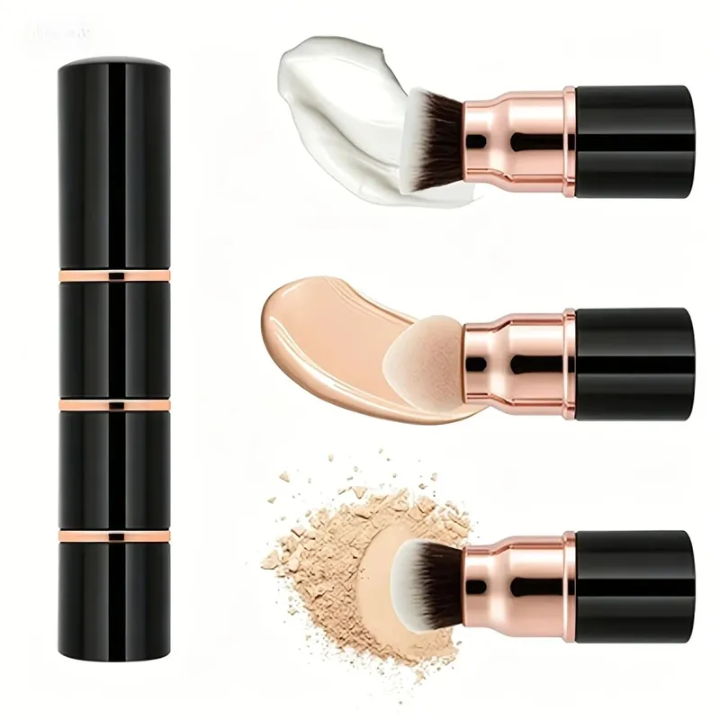 Tragbarer 3-in-1-Mini-Make-up-Pinsel mit Staubkappe, abnehmbarer Schwamm, abgewinkelte Grundierungs- und Puderköpfe, bionisches Haar, robustes Aluminium — image 6