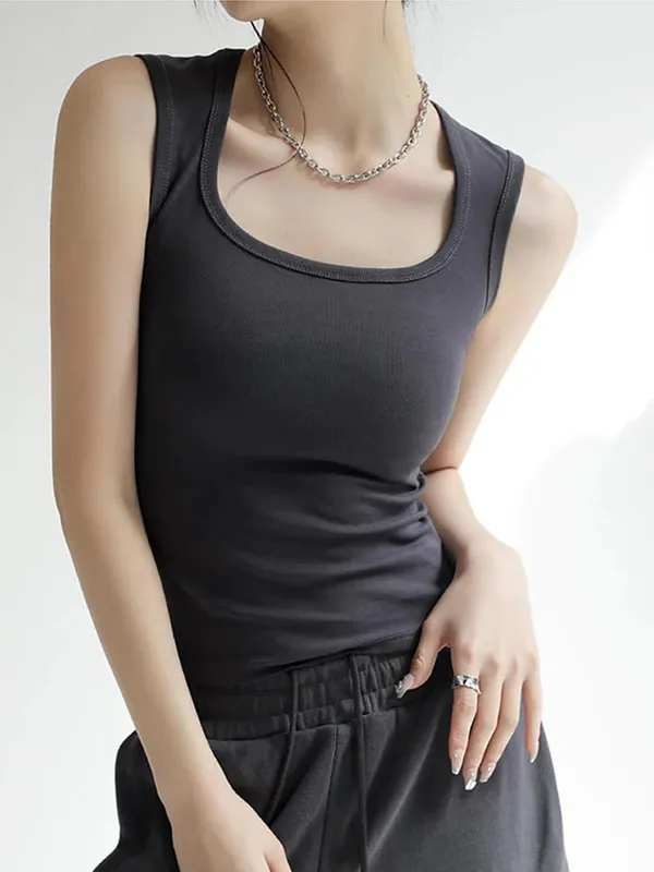 Tank Top Berusuk U Pepejal Wanita Kamisol Atasan Tangki Elastik Asas Musim Panas Wanita Atasan Tangki U Neck Padat — image 10