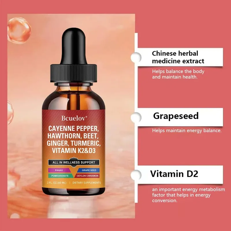Cayenne Pepper Tekuté kapky + Hawthorn Vitamin D3 K2 Cejlonská skořice Kurkuma BIO doplněk k ženšenu pro zdraví střev — image 6