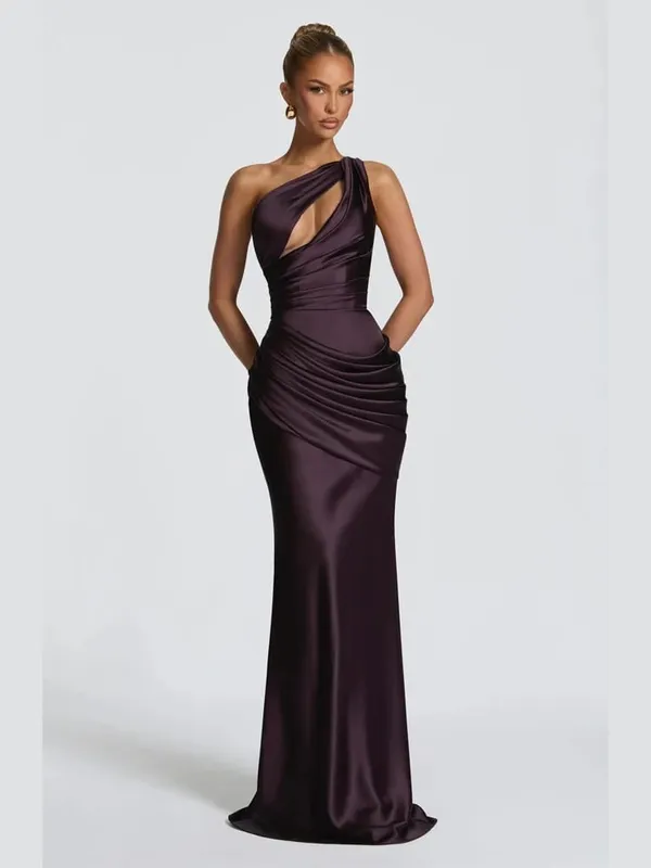 Cetim um ombro recorte vestido longo feminino elegante sólido ruched sereia ajuste fino flowy vestido 2026 senhora vestidos de noite verão — image 7