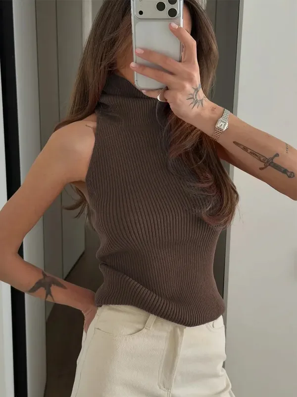 Débardeur sans manches en tricot de couleur unie pour femmes, col haut, dos nu, légèrement ajusté, gilet court, mode quotidienne minimale, tenue décontractée — image 12