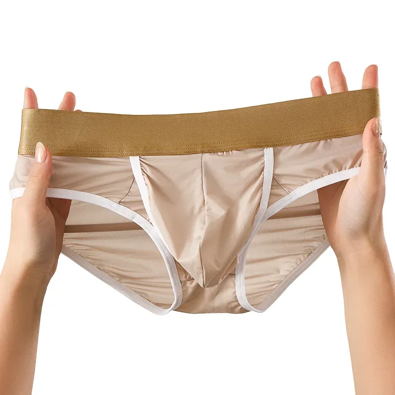 Open Front Pouch Briefs Mens Ice Silk Youth Low Waist Bullet Separation Scrotum Support Panties Breathable Thin Underwear
