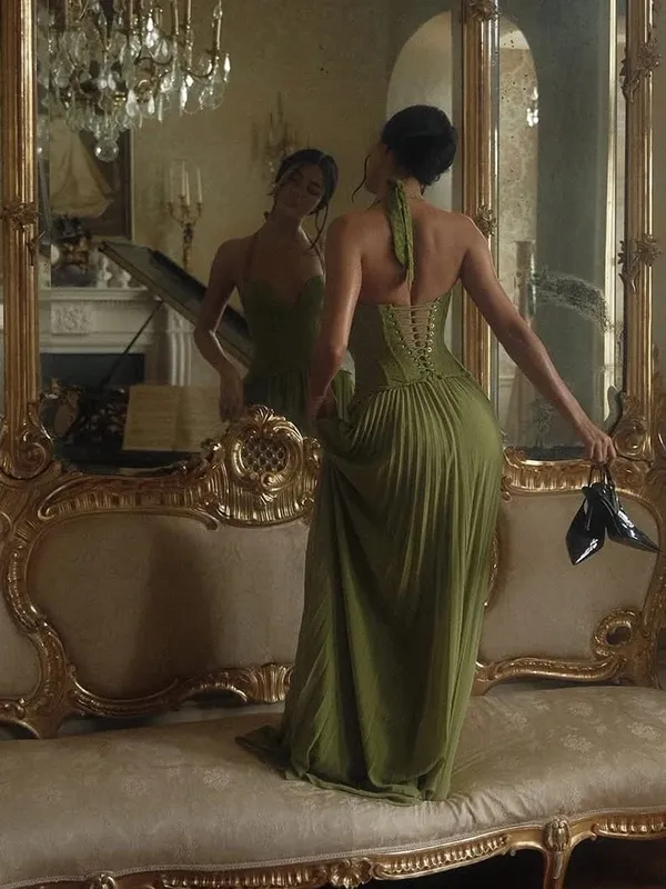 Verde Chic Corsetto Halter Abito lungo Donna Solid Backless Off Spalla Pieghettato Patchwork Abiti slim 2026 Abito da donna Nuovo — image 6