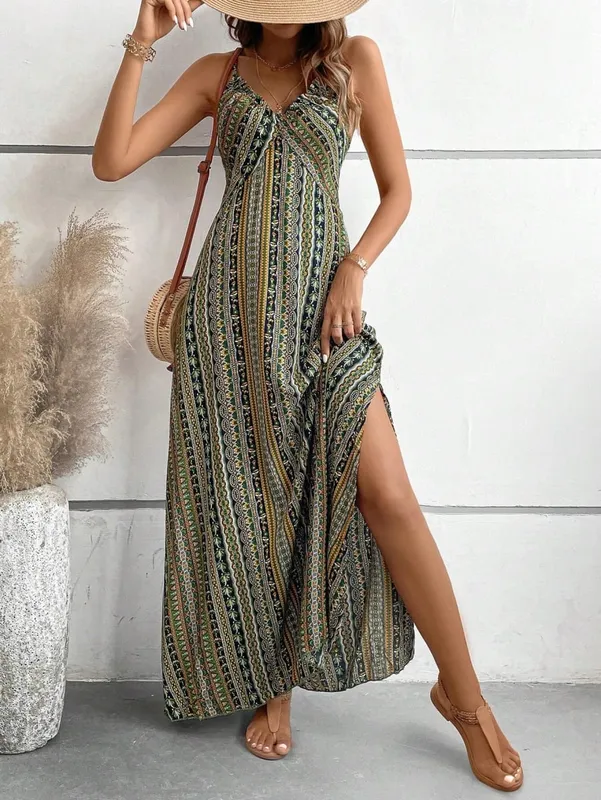 Abito estivo da donna con motivo etnico, spacco sulla coscia, abiti estivi da donna, abito lungo con volant alla moda Boho per la spiaggia — image 2