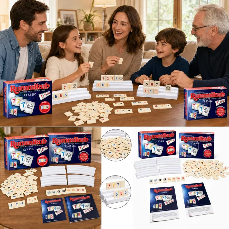Rummikub 클래식 숫자 타일 전략 보드 게임 (랙 포함) 가족 파티 어린이 성인 영어 버전