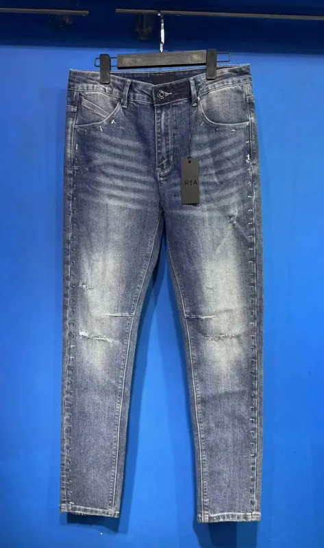 New RTA Destroyed Scratch Hole Light Blue Distressed Jeans Men's High Street Elastic Slim Fit Jeans 2026 Brand Pants Streetwear — image 8