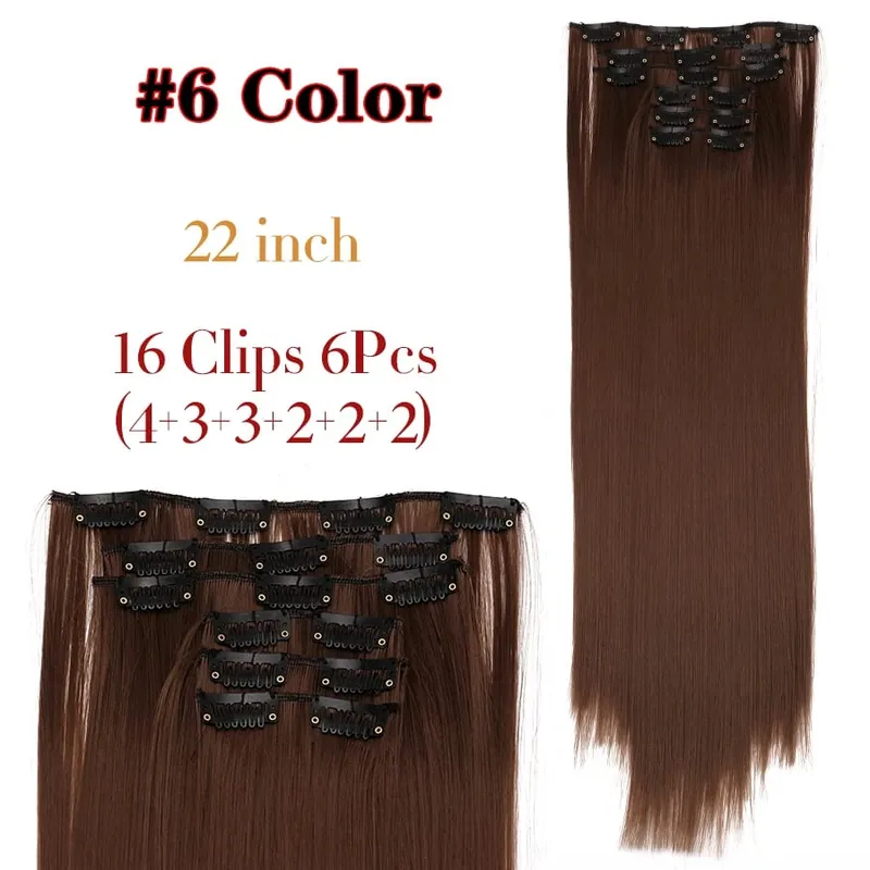 คลิปสีดำในส่วนขยายตรง 22 "ยาวสังเคราะห์หนาคลิปบนผมสำหรับผู้หญิง 6 ชิ้น/เซ็ต CURLY Full HEAD งานแต่งงานทุกวัน