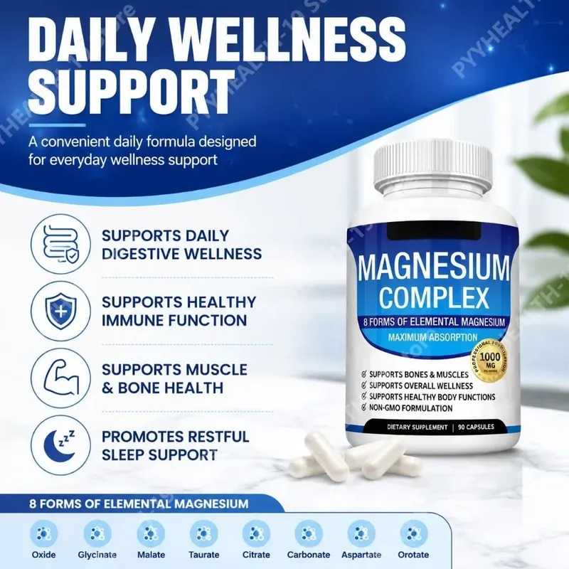 Kapsul Kompleks Magnesium 8 Bentuk 1000mg Oksida Glisinat Malat Untuk Tidur Otot & Kesihatan Tulang Sokongan Dewasa 90 Kiraan — image 2