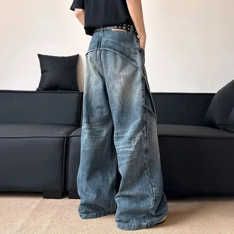 Wersja koreańska Męskie dżinsy z zakrzywionym nożem i luźnym wzorem retro Spodnie z prostymi nogawkami Casual, z dużą kieszenią i szerokimi nogawkami — image 4
