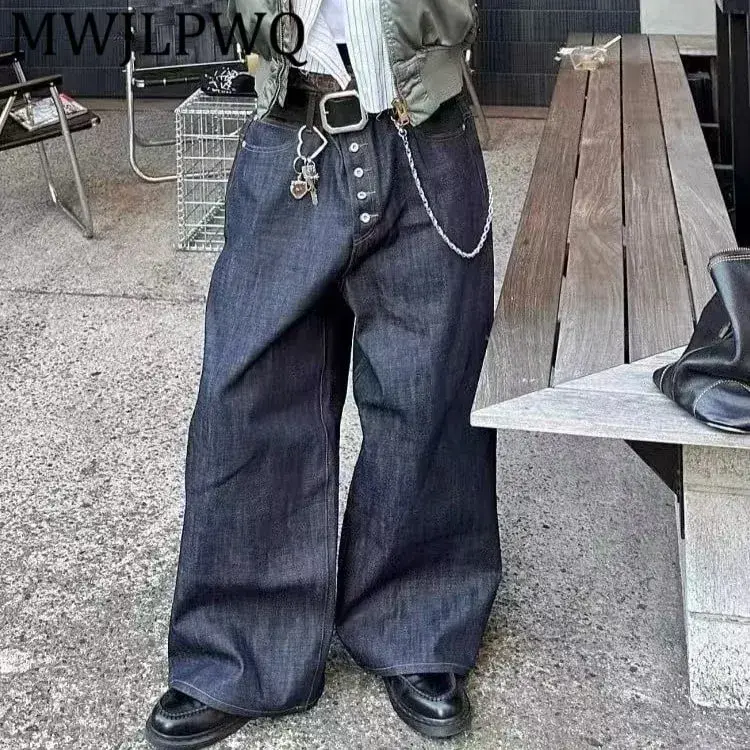 การออกแบบปุ่ม Machete DENIM Baggy กางเกงยีนส์ผู้ชาย High Street EDGE Selvedge Niched HIPHOP หลวมยาวกางเกงขากว้าง 12377 — image 1