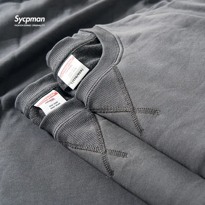 380g apretado partido pesado triángulo invertido suelto versátil sólido algodón Vintage otoño invierno manga larga suéter de cuello redondo — image 5