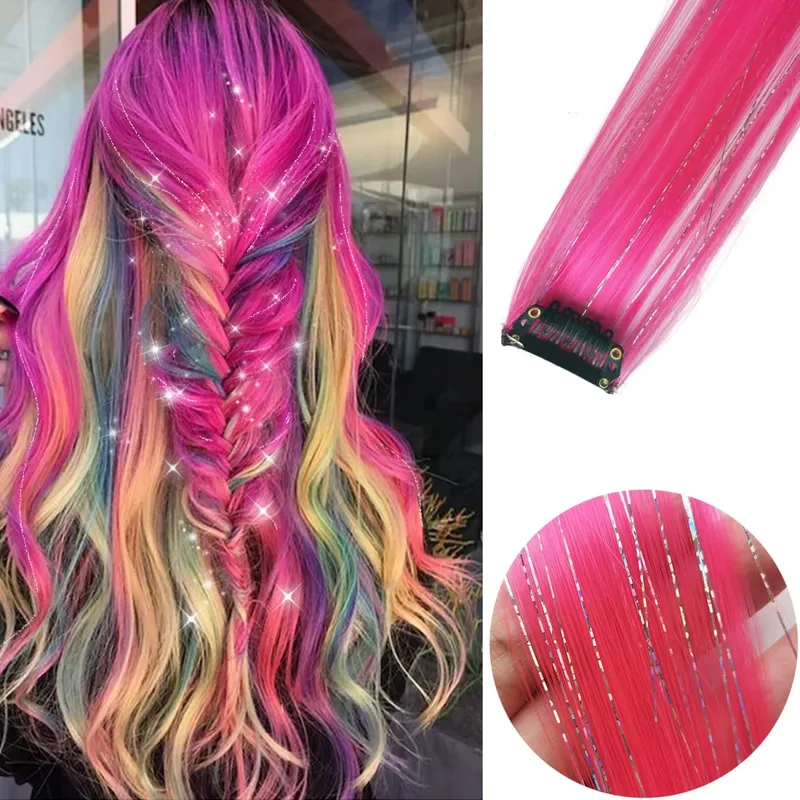 6 Stück/Packung, farbige Party-Highlights, Clip-in-Haarverlängerungen, 22 Zoll, mehrfarbig, glattes Haar, synthetische Haarteile — image 30