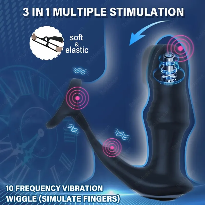 Bokisoon Massaggiatore prostatico Vibratore anale 9 Dimenando Spinte con Cock Ring Butt Plug Giocattoli sessuali telecomandati P Massaggiatore sportivo — image 4