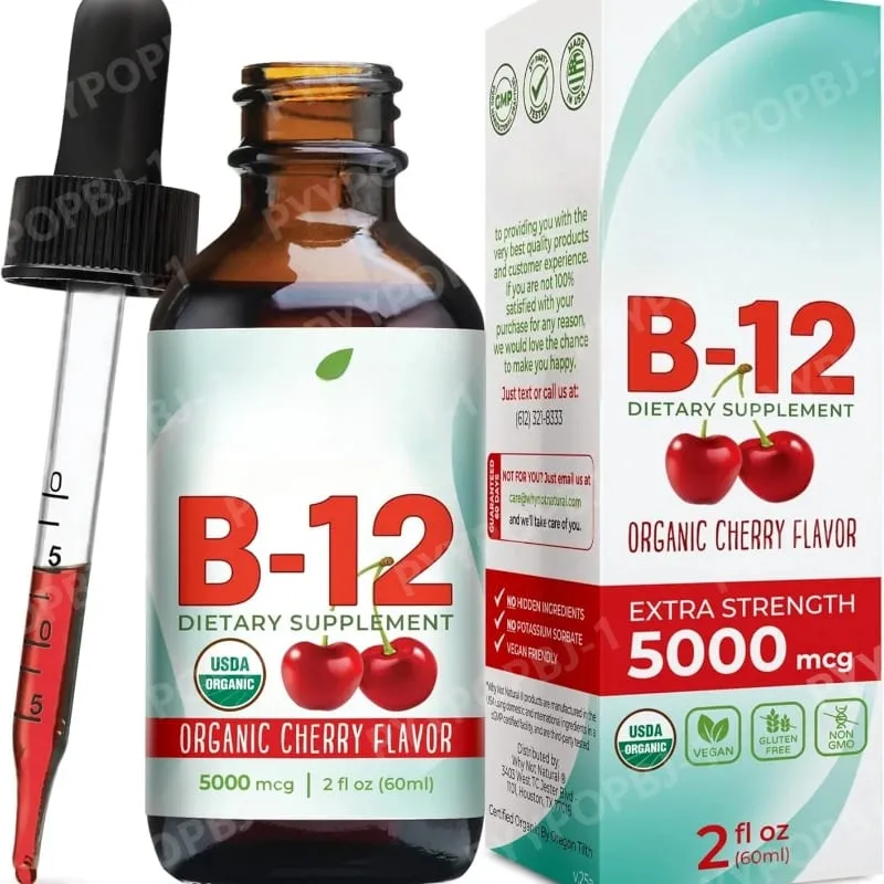 Methylcobalamin B12 Menjatuhkan 5000mcg Vitamin B12 Cecair Tambahan Sublingual Perisa Ceri Vegan Pemakanan Harian Tanpa Gula 60ml