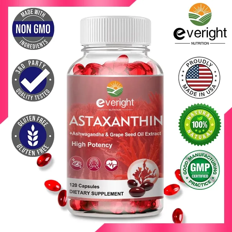 Suplementos de astaxantina 24 mg Fuente de microalgas frescas Aceite de semilla de uva Ashwagandha - Antioxidantes para el envejecimiento saludable de la piel y los ojos