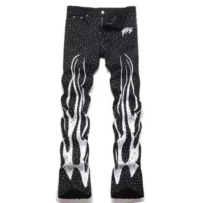 Punk Flame Streetwear Solid Casual Denim Trousers Stage Dancing Rhinestone Print Washed Black Baggy Jeans HipHop Casual Denim Pa — image 6