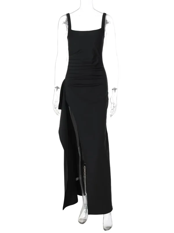 Hugcitar Gaun Maxi Bodycon Seksi Perca Ruched Celah Tali Solid Elegan Wanita Pakaian Musim Panas Festival Ulang Tahun Pesta Malam — image 6
