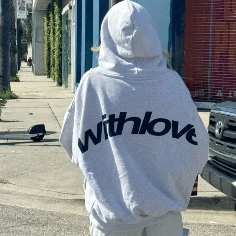 Herr med kärlek Kursiv text grafisk luvtröja Oversized Streetwear-tröja Casual Höst Vinter Huvtröja
