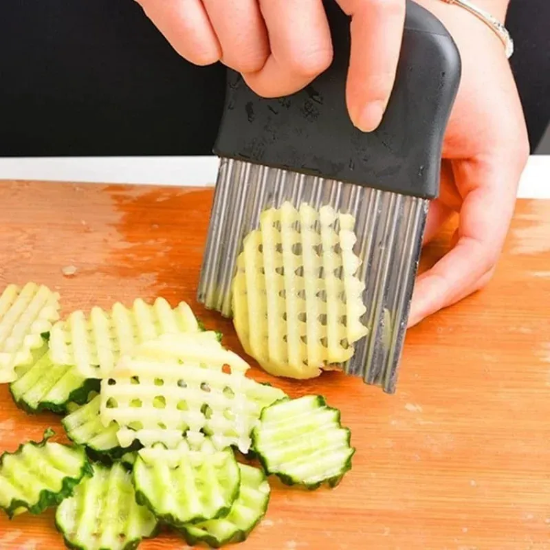 Keluli Tahan Karat Penghiris Kerepek Kentang Doh Sayuran Buah Kerut Bergelombang Pisau Dapur Pemotong Chopper Alat Alat Pembuat Goreng Perancis — image 1