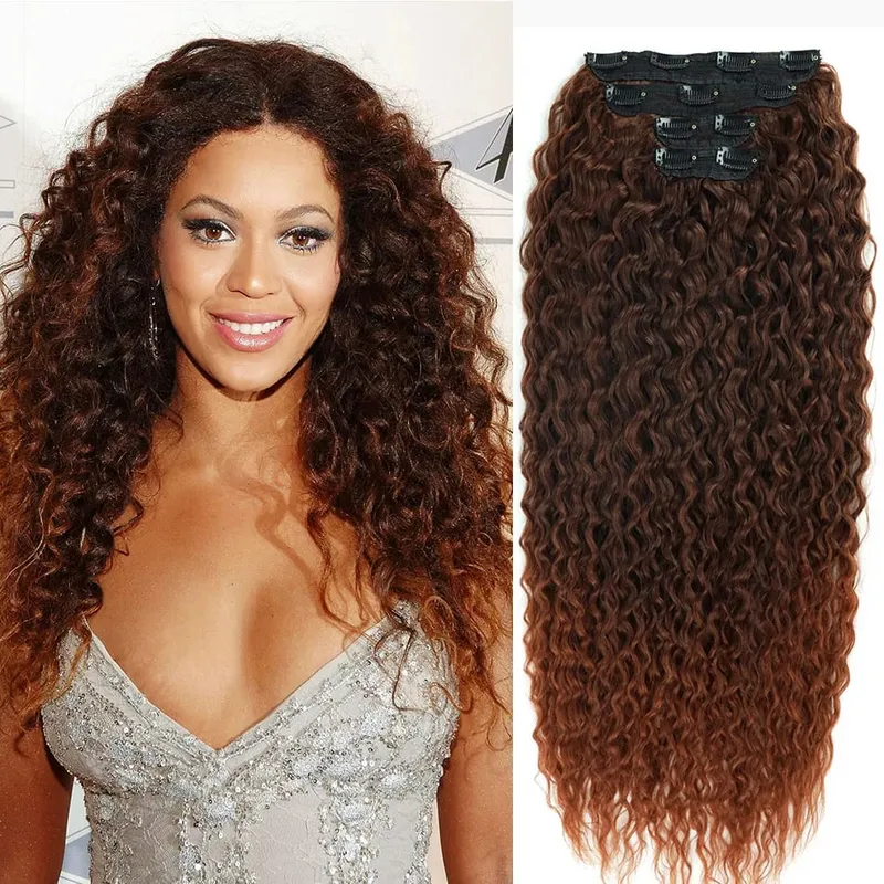 Extension synthétique à Clip pour femmes, Extension de tête complète, longue, crépue et bouclée, faux cheveux, épingle à cheveux noire et brune pour femmes — image 11