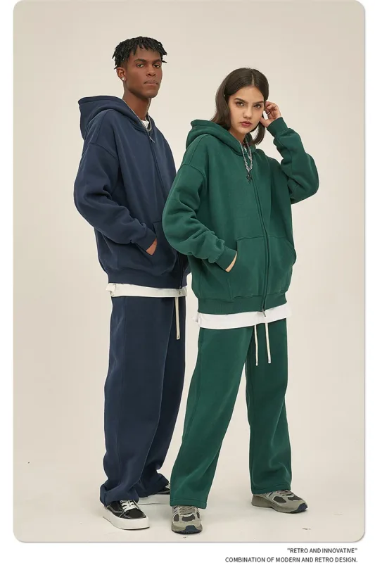 New Men Double Headed Zipper Fleece Hoodies Unisex Loose Basic Solid Warm Hooded Sweatshirts Coats For Winter HY0633