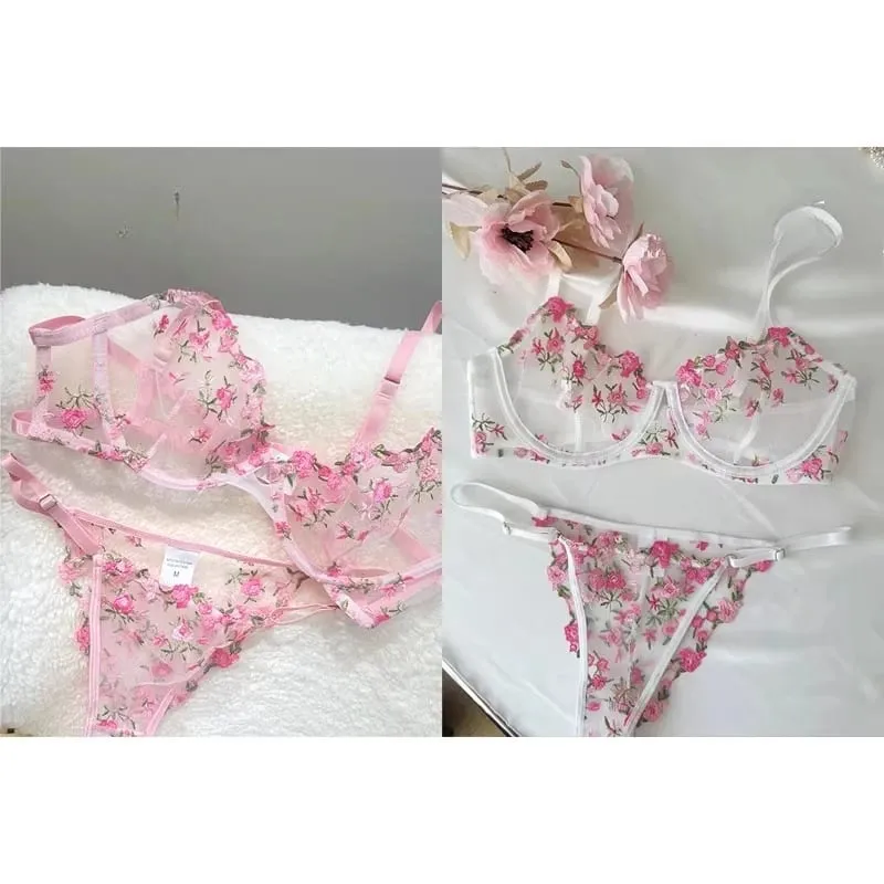 Set Bra Sulaman Renda Bunga Lutsinar Seluar Dalam Minimizer Nipis Musim Panas Lembut Bernafas Payudara Penuh Wanita Di Rumah Pakaian Harian S-XL — image 3