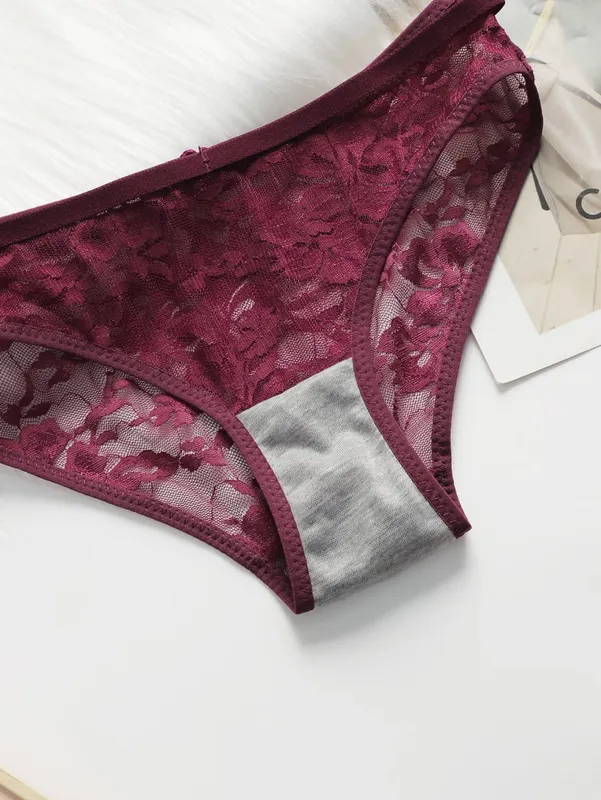 ผู้หญิง Sheer Lace Bra ชุดตะขอปิดด้านหน้าไร้สาย V คอ Brassiere Burgundy ดอกไม้ลูกไม้ชุดชั้นในกางเกงชั้นในเซ็กซี่ชุดชั้นใน — image 6