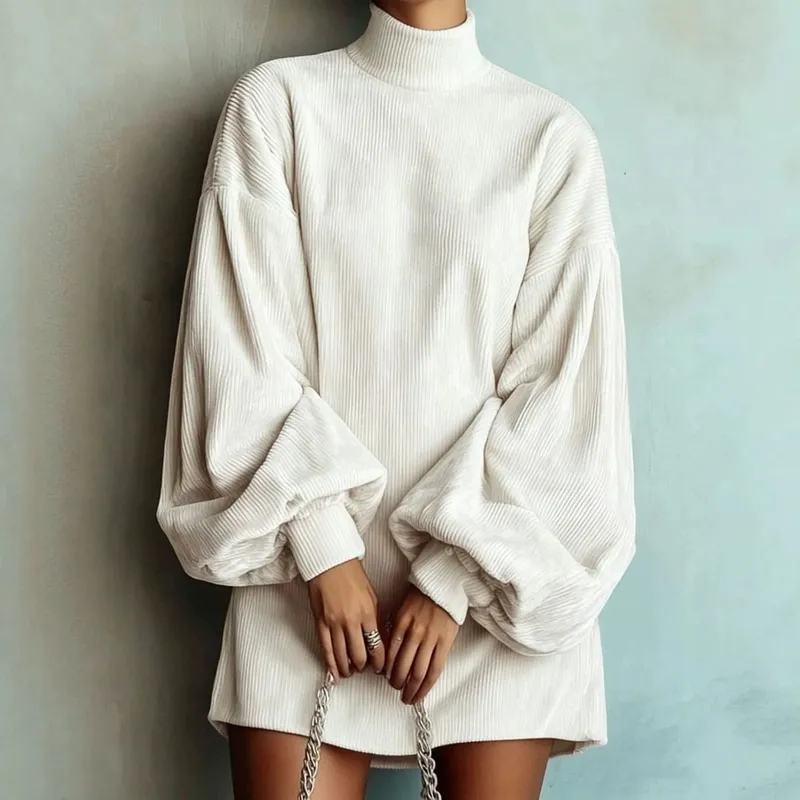 Pakaian Mini Turtleneck Korduroi Wanita Bersaiz Besar Elegan Longgar Lengan Tanglung Pakaian Kasual Musim Gugur Musim Sejuk Streetwear Pakaian Pendek — image 1