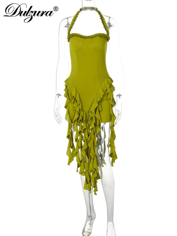 Dulzura ノースリーブホルターフリルパッチワークミニドレス女性の固体セクシーな衣装プロムパーティークラブウェア秋冬服 — image 6