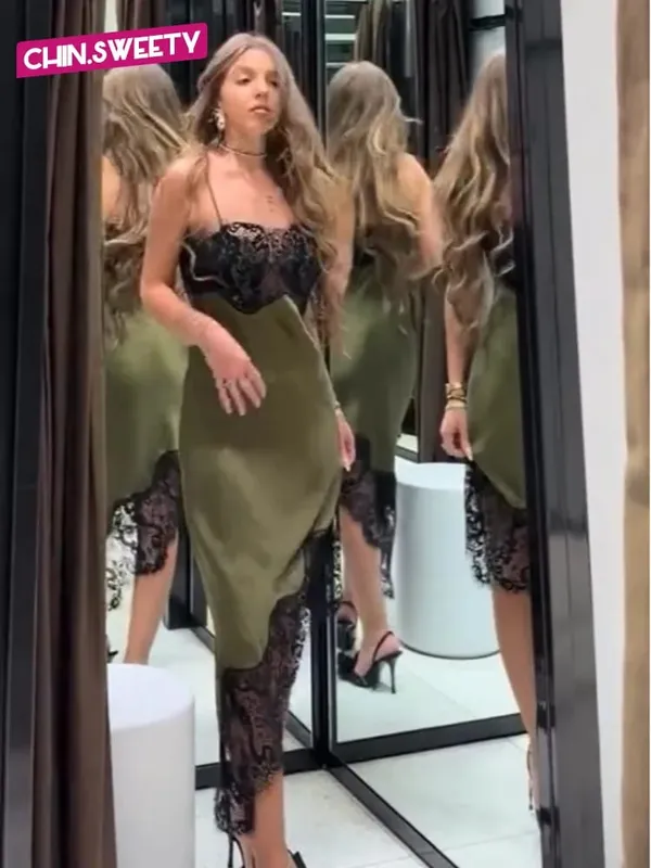 Chic Dentelle Patchwork Satin Robe Camisole Sans Manches Voir À Travers Ourlet Irrégulier Robes 2026 Nouvelle Fête Quotidienne En Plein Air Tenue Décontractée — image 2