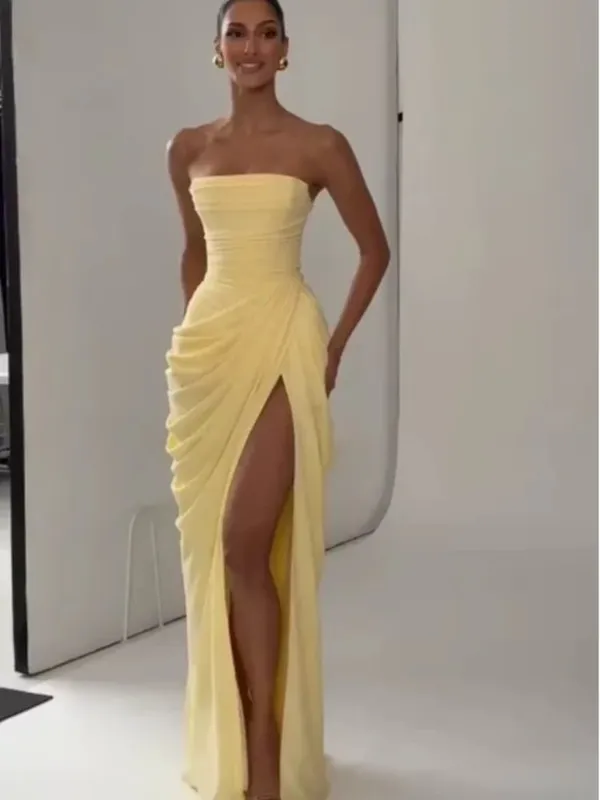 Elegante abito lungo pieghettato giallo senza spalline da donna Chic abito senza maniche solido in vita che stringe l'abito diviso 2026 abiti da sera da sera per donna — image 8