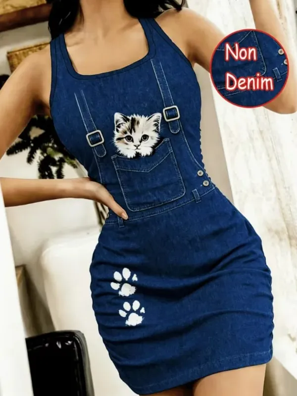 Women’s Spring and Summer Casual Slim-Fitting Spaghetti Strap Sleep Dress Made from Non-Denim Fabric. A Faux Denim cartoon Ca — image 5