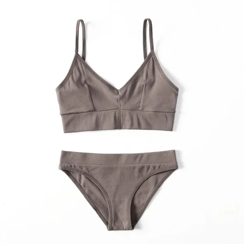 Ensemble Bralette sans fil côtelé de couleur unie, soutien-gorge Camisole à fines bretelles avec slip Triangle, Lingerie pour femmes — image 3