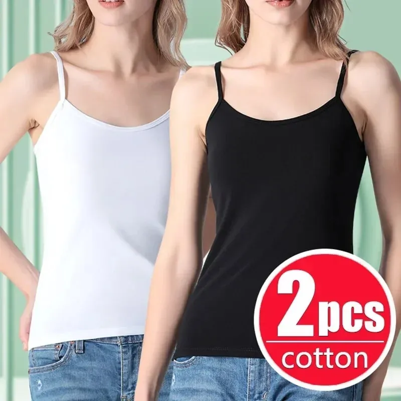 Women's Solid Color Spaghetti Straps Sleeveless Slim Camisole with Chest Pad Cotton Summer Wear Outside Female Short Tops Vests