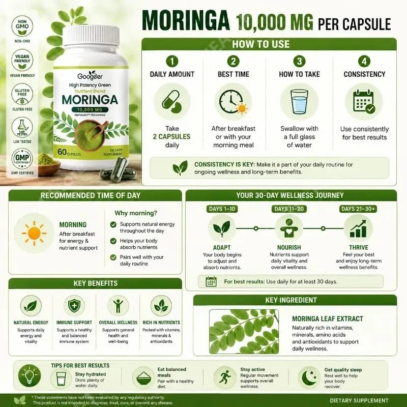Suplement premium Moringa z naturalnym ekstraktem z liści Ziołowa formuła odżywcza do codziennego wsparcia dobrego samopoczucia 60 kapsułek — image 3