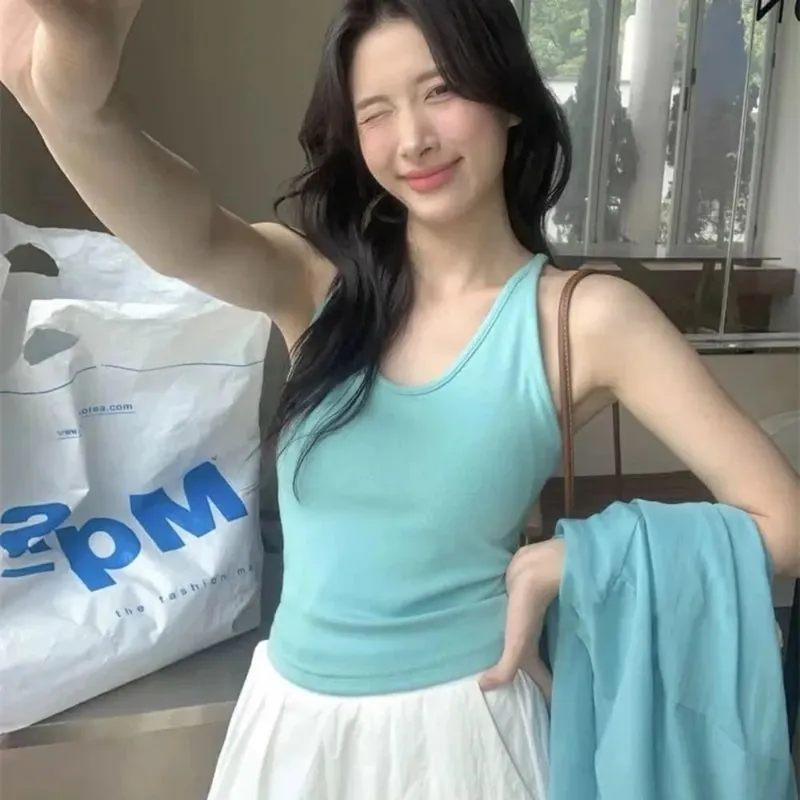 Gaya Korea dengan Tali Alas Dada Vest U-Neck Warna Pejal Tanpa Belakang Tanpa Lengan Atasan Pelangsingan Camis Wanita Musim Panas — image 10