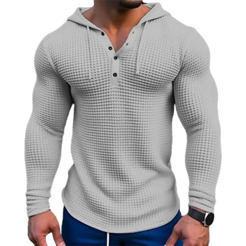 Spring Solid Color Slim Fit Long Sleeved T-shirt Men's Hooded Breathable Sports Top Waffle Cotton Casual Long Sleeved Shirt — image 10