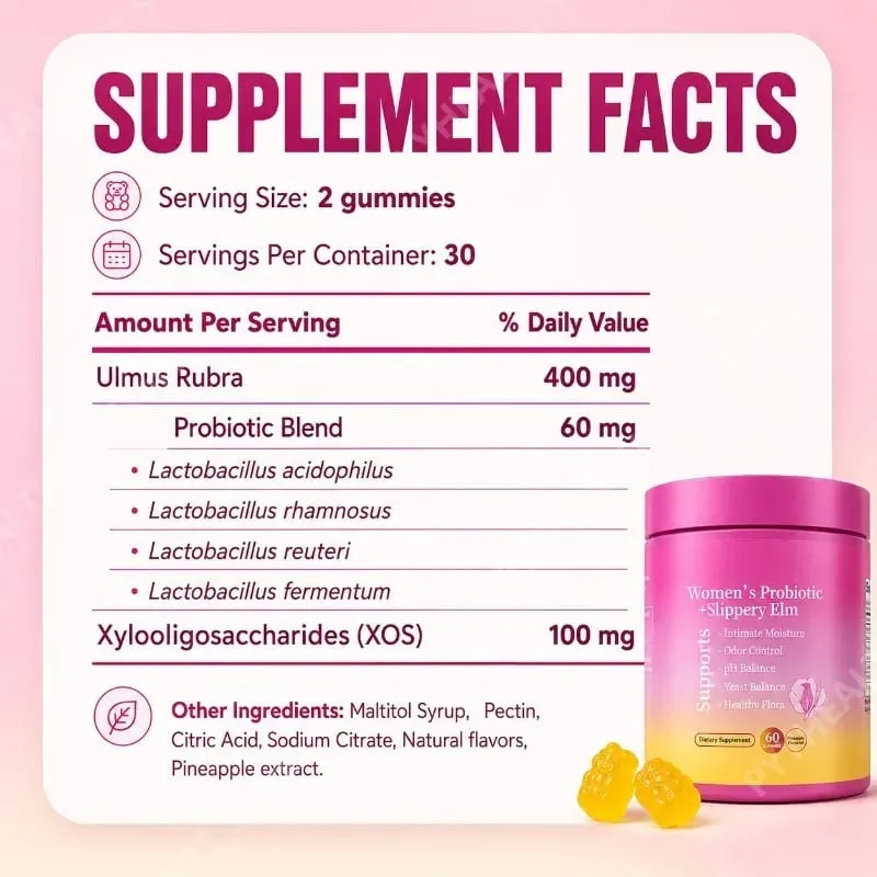 Gummies Probiotik Kesejahteraan Wanita dengan Keseimbangan PH Elm Licin dan Sokongan Flora untuk Wanita Perisa Nanas 60 Kiraan — image 2