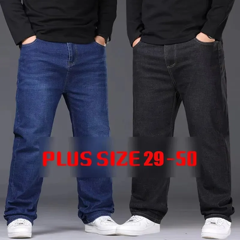 29-50 ขนาดผู้ชายยืดกางเกงยีนส์ขาตรงกางเกงยีนส์ขยายขนาดสีฟ้าสีดำStreetwear Relaxed Fitสำหรับทำงานสบายๆใหม่ — image 1