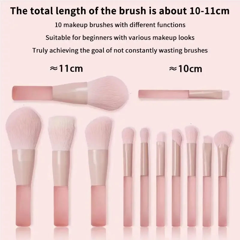 【B】Set di pennelli per trucco da viaggio con manico rosa da 10 pezzi, fondotinta sintetico in polvere, ombretto, mini set di pennelli per trucco — image 3