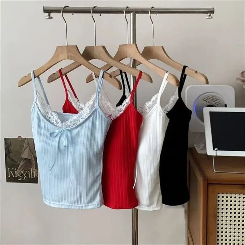 Hiasan Renda Patchwork Seksi Baju Atasan Camis Kasual Manis Ramping Pejal Leher V Tanpa Lengan Baju Kebal Comel Wanita 2025 Musim Panas Streetwear Wanita — image 4