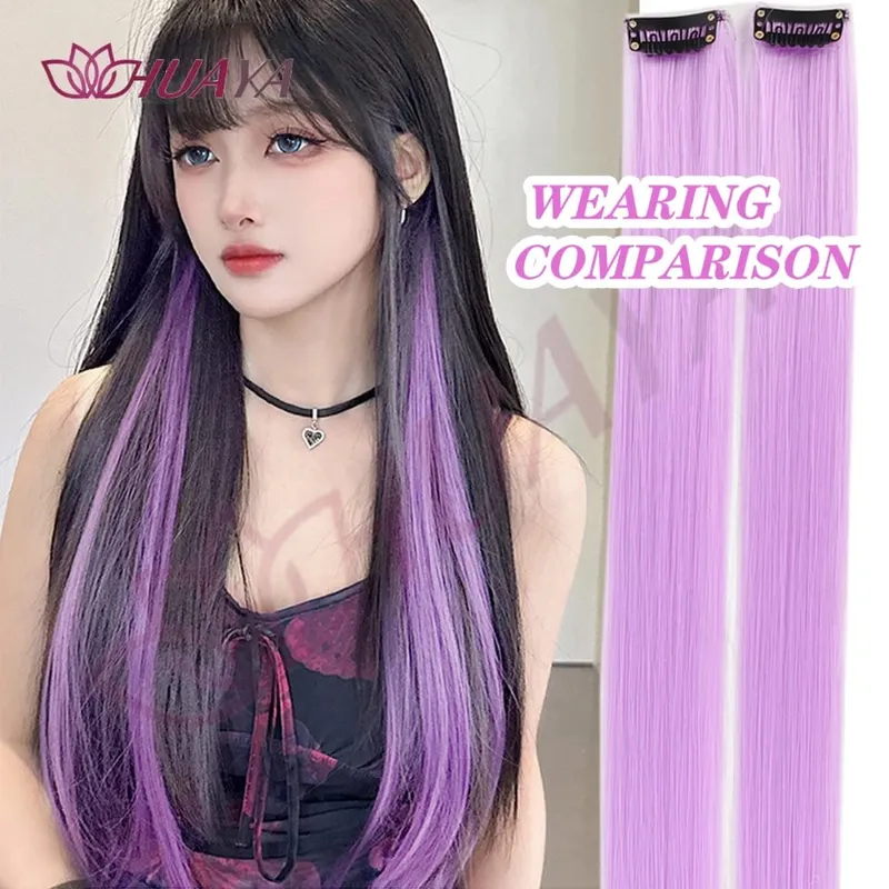 2 Kepingan Sintetik Klip Berwarna 20inci dalam Sambungan Rambut Panjang Lurus Merah Jambu/Biru/Ungu Halloween/Rambut Krismas — image 4