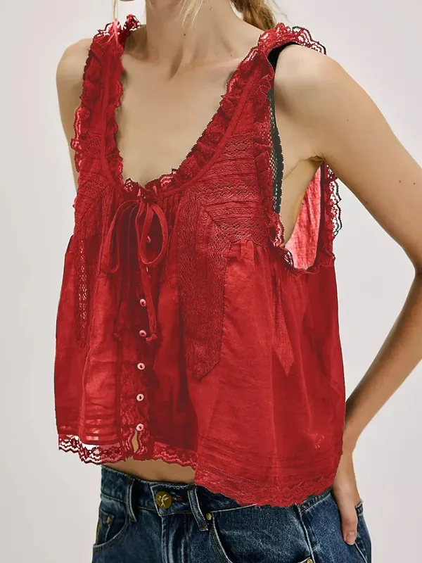 Y2Kปุ่มขึ้นลูกไม้Trim Patchwork Cami TopsหลวมFitรอบคอเสื้อกั๊กแขนกุดOutwear Gilet Crop Tank Topsสำหรับผู้หญิง — image 15