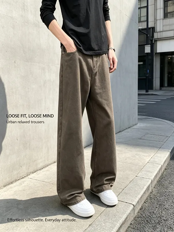 Baggy-Jeans für Herren, Retro-Stil, einfarbig, weiß, locker, weites Bein, Denim-Hose, Herren, lässig, täglich, Streetwear, gewaschene Herren-Jeanshose — image 3