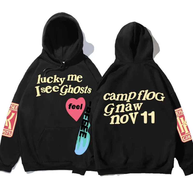 Graffiti-Buchstabe gedruckt lose Kapuze Kanye Sweatshirts Männer übergroße Fleece Luck Me I See Ghosts Hoodie Unisex Pullover Hoody — image 1