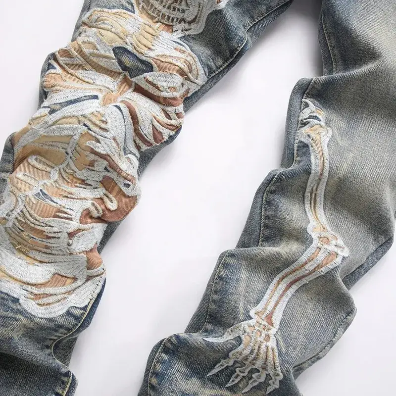 Herren-Jeans mit Totenkopf-Boot-Cut-Denim, Vintage-Stil, Blue Devil-Stickerei, Stretchhose, schmale Schlaghose — image 4